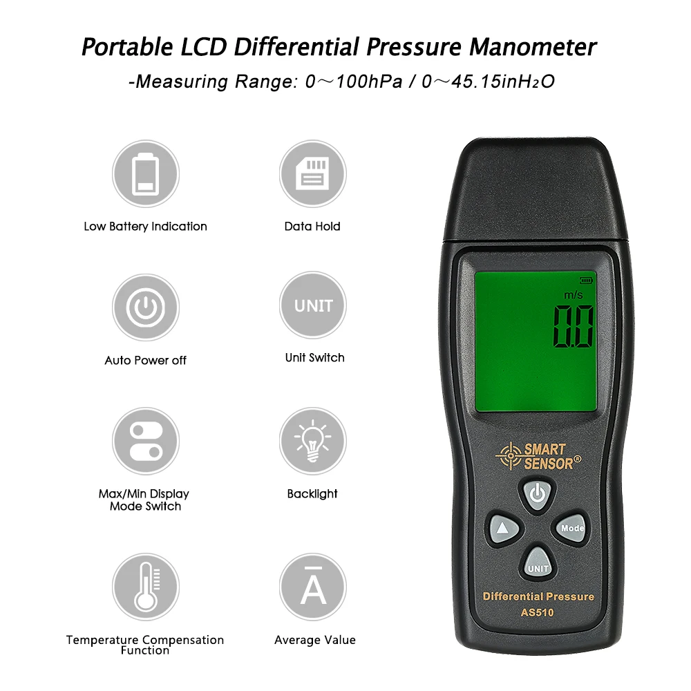 AS510 LCD Воздушный манометр мини измеритель давления цифровой диапазон измерения 0 ~