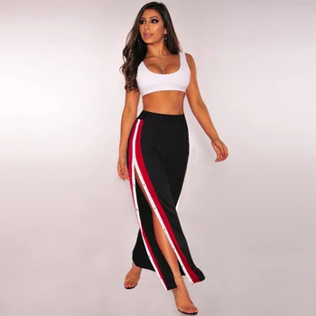 

Fashion High Split Side Button Striped Pants Casual Women Black High Waist Straight Sweatpants Streetwear pantalones mujer