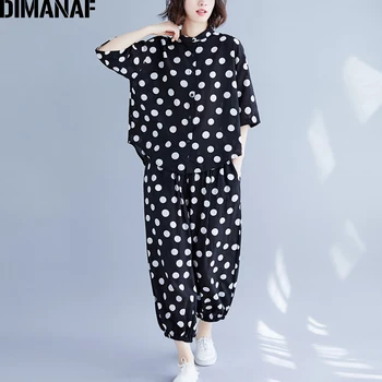 

DIMANAF Plus Size Women Sets Summer Female Office Lady Tops Shirts Loose Big Size Long Pants Sets Suit Cotton Polka Dot Black