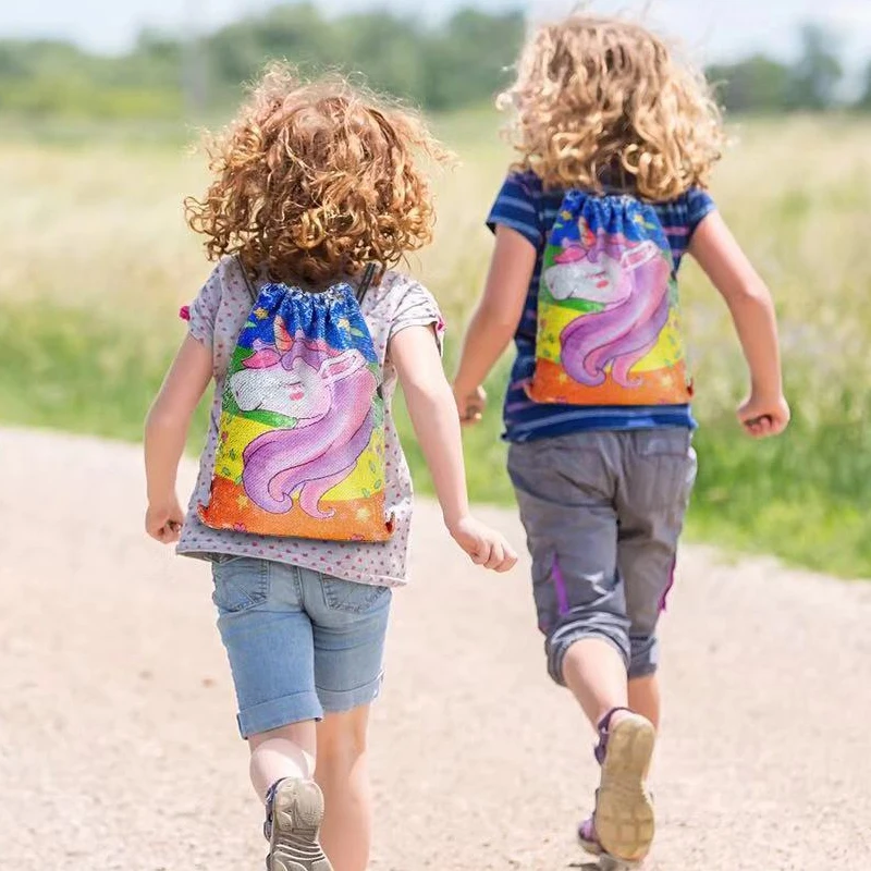 LIANGKA New Horse Sequins Modis Unicorn Bag Women Teenager Drawstring Bag Toddler Girls Magic Reversible Backpacks Mochila