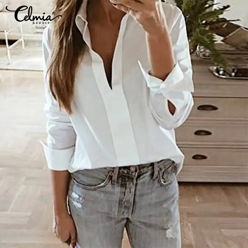 

Celmia Vintage Women Blouses 2019 Fashion Tunic Tops Sexy V Neck Long Sleeve Solid Loose Casual Work Shirts Plus Size Blusas 5XL