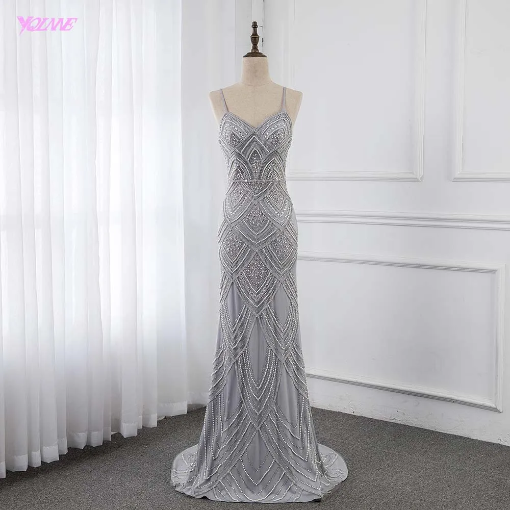 Silver Straps Evening Dresses Long Crystals Beaded Formal Gown Mermaid Zipper Back Robe De Soiree YQLNNE