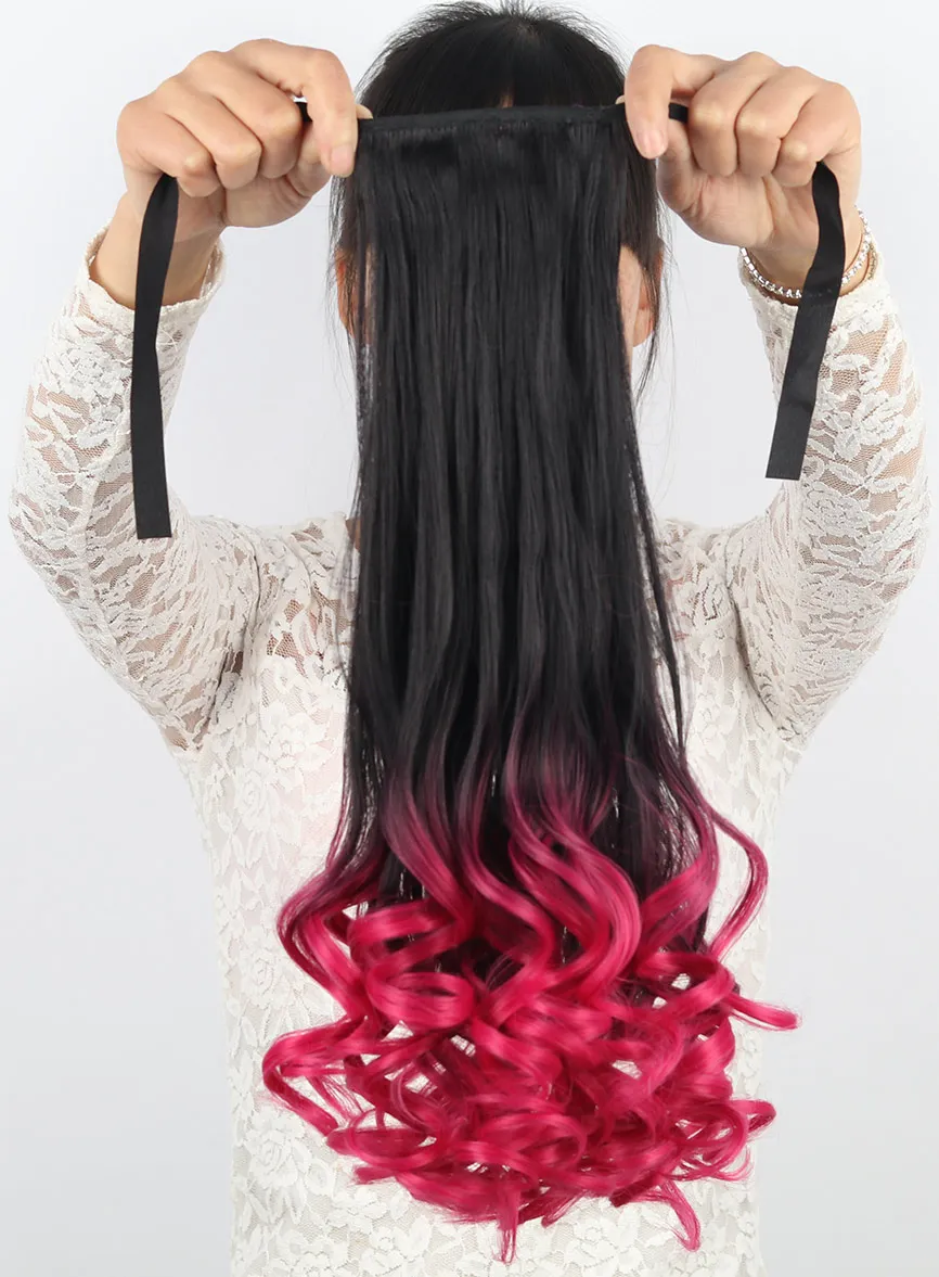Волос SW длинные волнистые Высокая Температура Sythetic связать хвост клип в наращивание волос Ombre цвет выделения с мятой/ красный/синий/розовый - Цвет: Красный