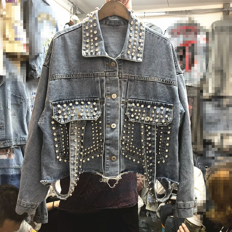 

New Sequined Women's Denim Jacket Loose Casual Blue Black Fashion Female Jeans Jacket Street Wear Washed Short Women Top Coats