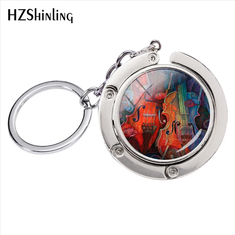 

Hot Fashion Novelty Painted Cello Art Pictures Bag Holder Key Rings Glass Cabochon Silver Keyrings