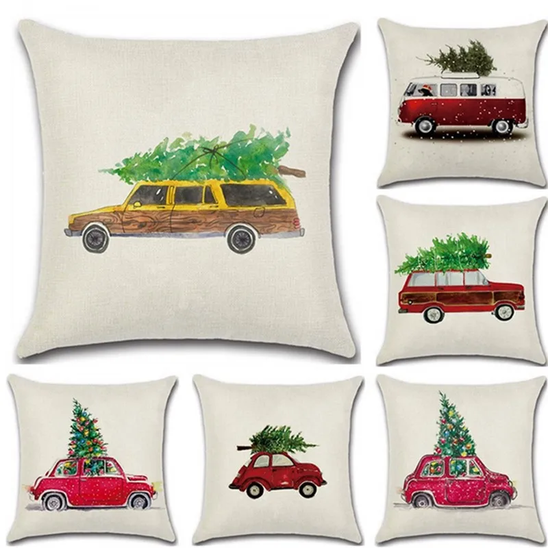 

1 pc Cartoon Pattern Printed Pillow Cover Christmas Tree Linen Pillow Case Throw Pillows Home Chair Seat Pillowcase 45x45cm