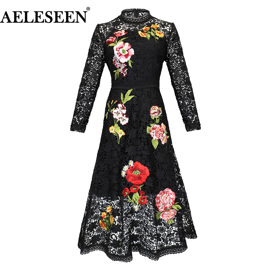 

AELESEEN High Quality Runway Dresses Women 2019 Spring Full Sleeve White/Black Dress Flower Embroidery Patchwork Lace Dress