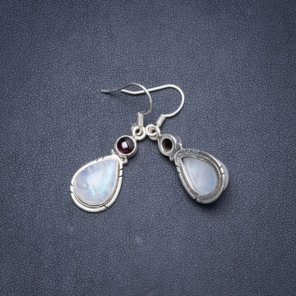 

Natural Rainbow Moonstone and Amethyst Handmade Unique 925 Sterling Silver Earrings 1.5" Y1731
