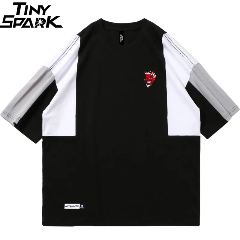 Харадзюку футболка с цветными блоками для мужчин хип-хоп Уличная футболка голова дьявола вышивка летние лоскутные хлопковые футболки тройники