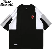 Харадзюку футболка с цветными блоками для мужчин хип-хоп Уличная футболка голова дьявола вышивка летние лоскутные хлопковые футболки тройники