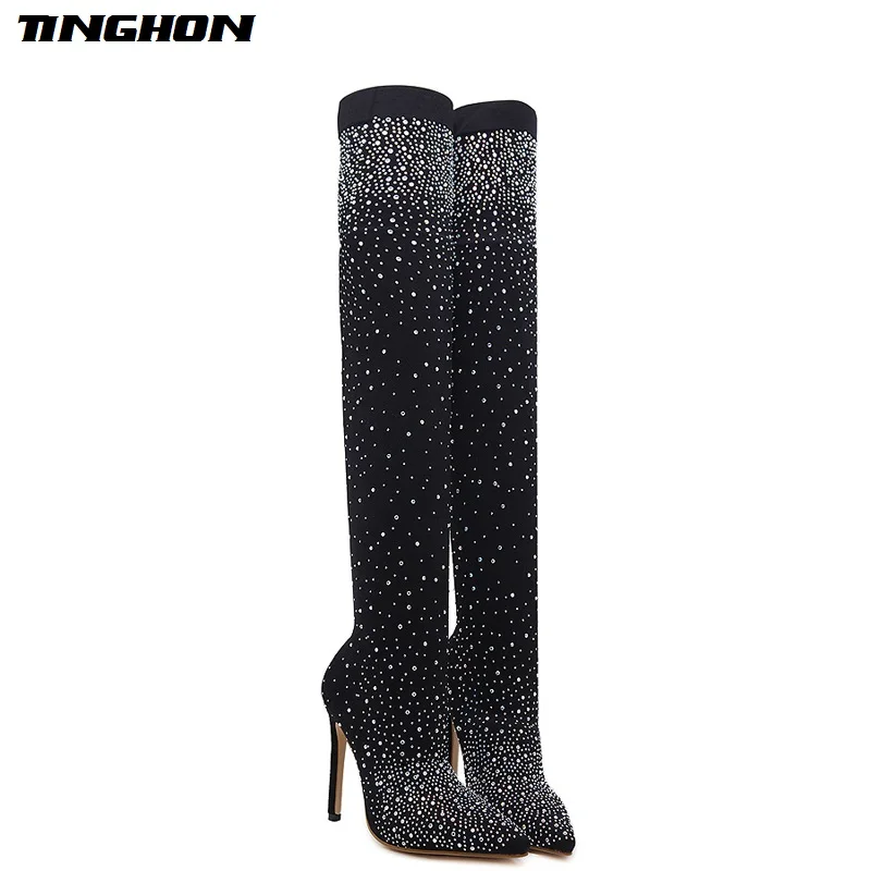 

TINGHON Autumn women Spring boots platform high heels pointed toe pumps Over The Knee Boots rhinestone pumps High Heels Boots