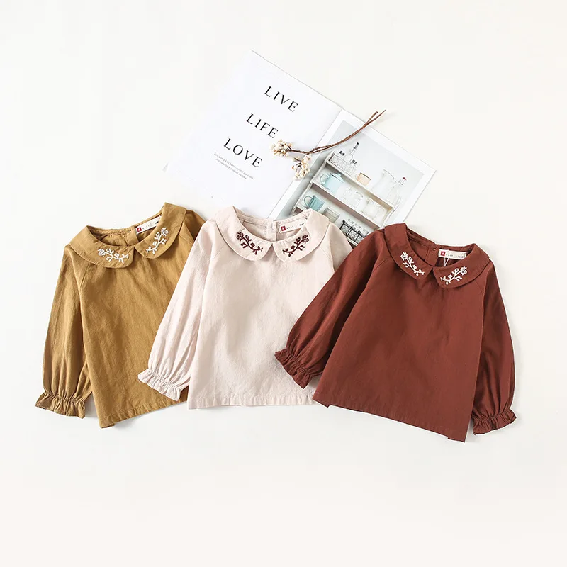 

INS Baby Girls Shirts Embroidery Collar New Baby Soft Tops Solid Cotton Shirts Kids Baby Girls Blouse Bebes dudukids Clothing