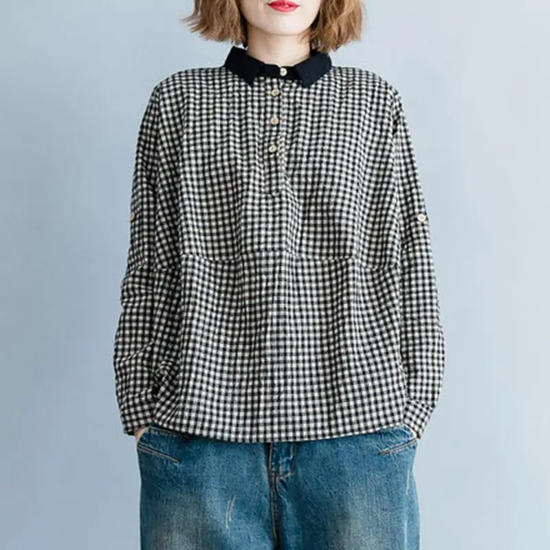 

Mferlier Cotton Linen Blouses Plaid Print Casual Long Sleeve Shirt Women Plus Size Turn Collar Womens Tops and Blouses