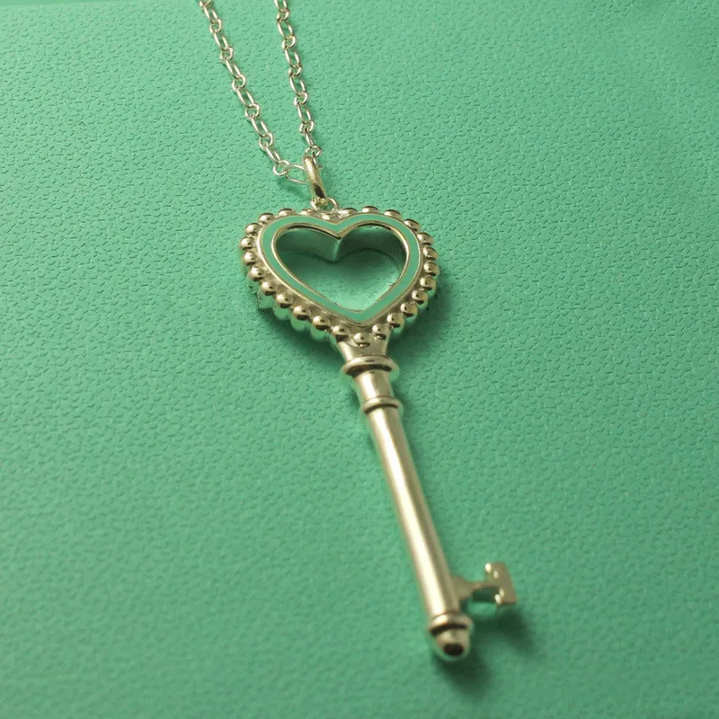 

Loving Heart Key Pendant Necklace Women 100% Solid Sterling Silver 925 With Blue Enamel Free Chain & Box Top Quality Bijou Gift
