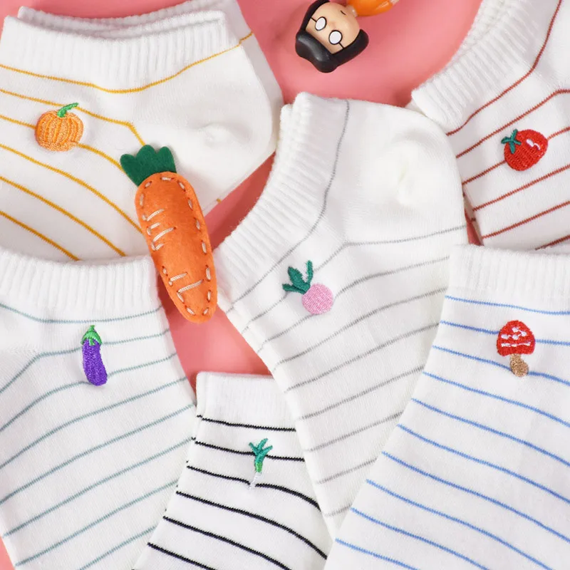 

Jeseca 2 Pair/pack Cute Cartoon Vegetables Embroidery Stripe Socks for Women Summer Japanese Harajuku Streetwear Ankle Socks