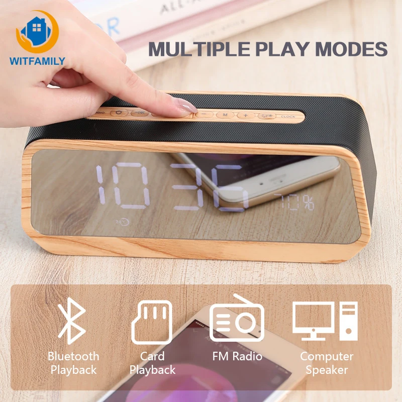 

LED Display Mirrror Clock FM Radio Alarm Clock Portable Wireless Bluetooth Digital Clock Stereo Subwoofer Music Player