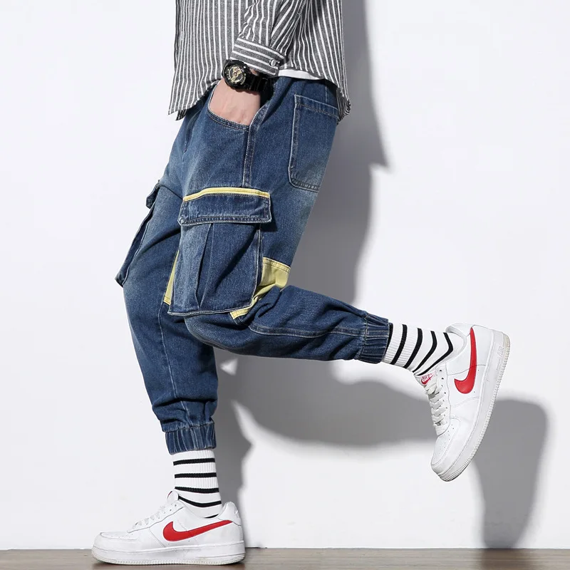 

Plus size male jeans Loose Ankle-Length Pants Fashion Stretch male Jeans Denim Jogger Hip Hop Multi-pocket overalls For Men 5XL