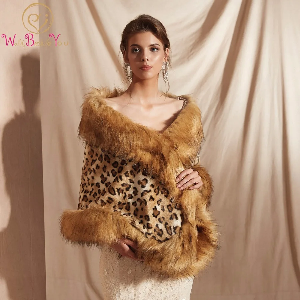 Sexy Leopard Print Brow Fashionable Bolero Women Faux Fur Stoles High Quality Luxurious Bridal Capes Winter Wedding Jacket