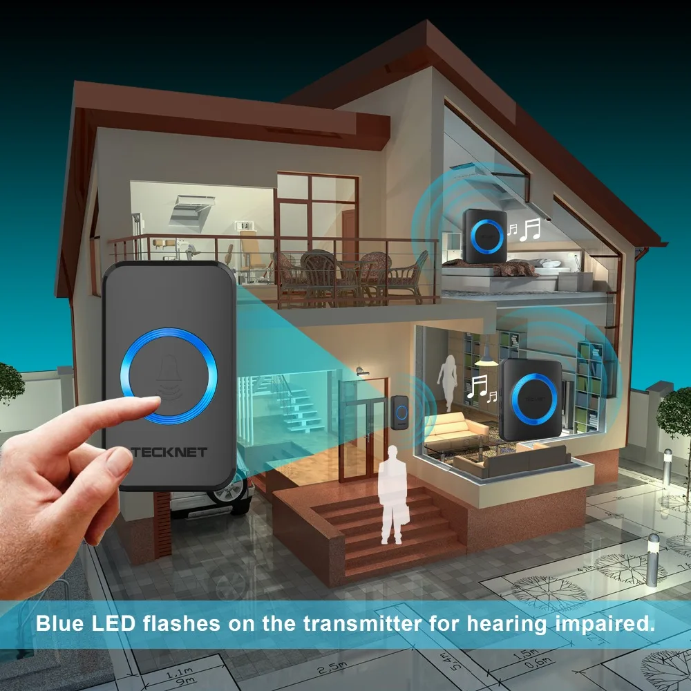 TeckNet Wireless Doorbells Twin Waterproof Wall Plug-in Cordless Door Bell Chime 300M Range 52 Chimes 4-Level Volume Blue Light TeckNet Wireless Doorbells Twin Waterproof Wall Plug-in Cordless Door Bell Chime 300M Range 52 Chimes 4-Level Volume Blue Light