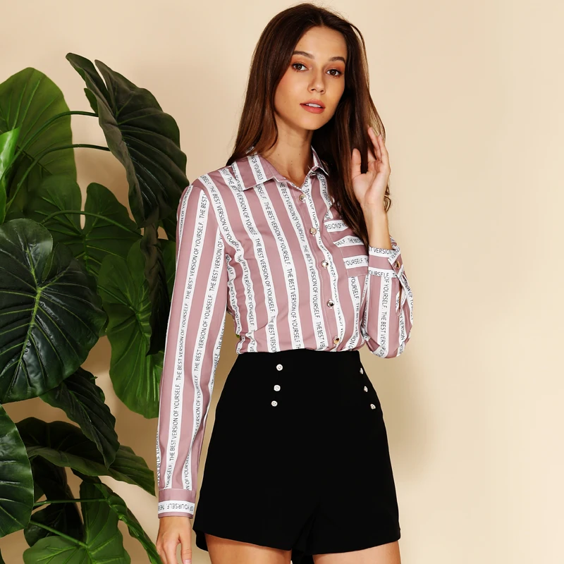 Ceny BEFOEW 2019 moda damska skręcić w dół kołnierz bluzka koszula Streetwear list nadruk w paski bluzki z długim rękawem topy koszule na co dzień