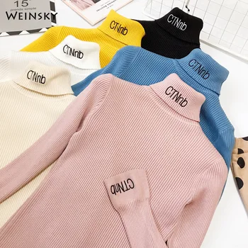 

Women Knitted Jumper Sweater And Pullovers Korean Fashion Style Turtleneck Sweater Autumn And Winter 2019 New Embroidery Tops