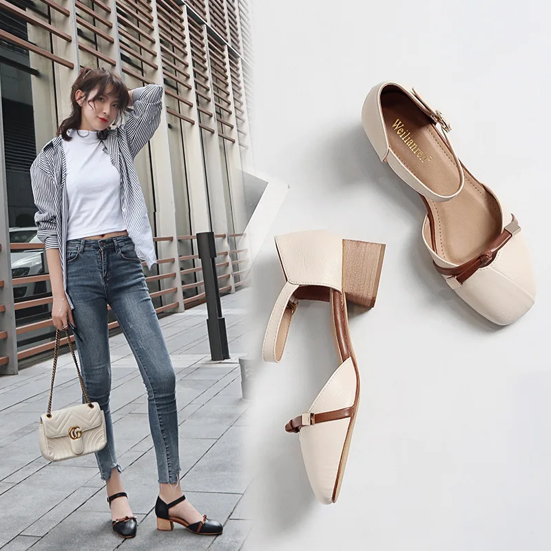 

Closed Toe Mary Jeans Women Grandma Sandals Low Hees Square Toe Beach Slides Femme Bowtie Flipflops Women Big Size 42 43 Shoes