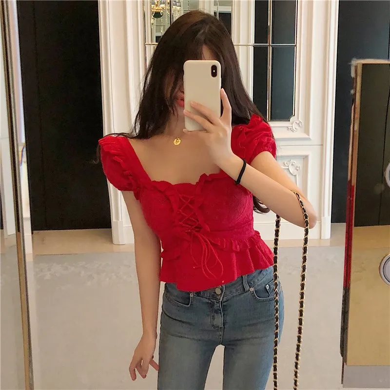 Women Korean Lace Up Casual Shirts Hollow Out Ruffles Embroidery Blouses Female Patchwork Square Neck Sexy Shirts