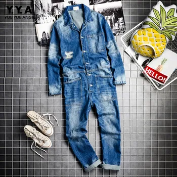 

Fashion Mens Long Sleeve Washed Hole Ripped Jeans Cargo Bib Overalls Hip Hop One Piece Jumpsuit Harajuku Streetwear Denim Pants