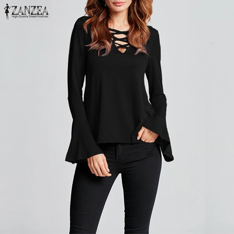 

ZANZEA Sexy Blusas Autumn Women Tops 2019 Ladies V Neck Long Flounce Sleeve Blouse Hollow Out Casual Solid Shirt Plus Size