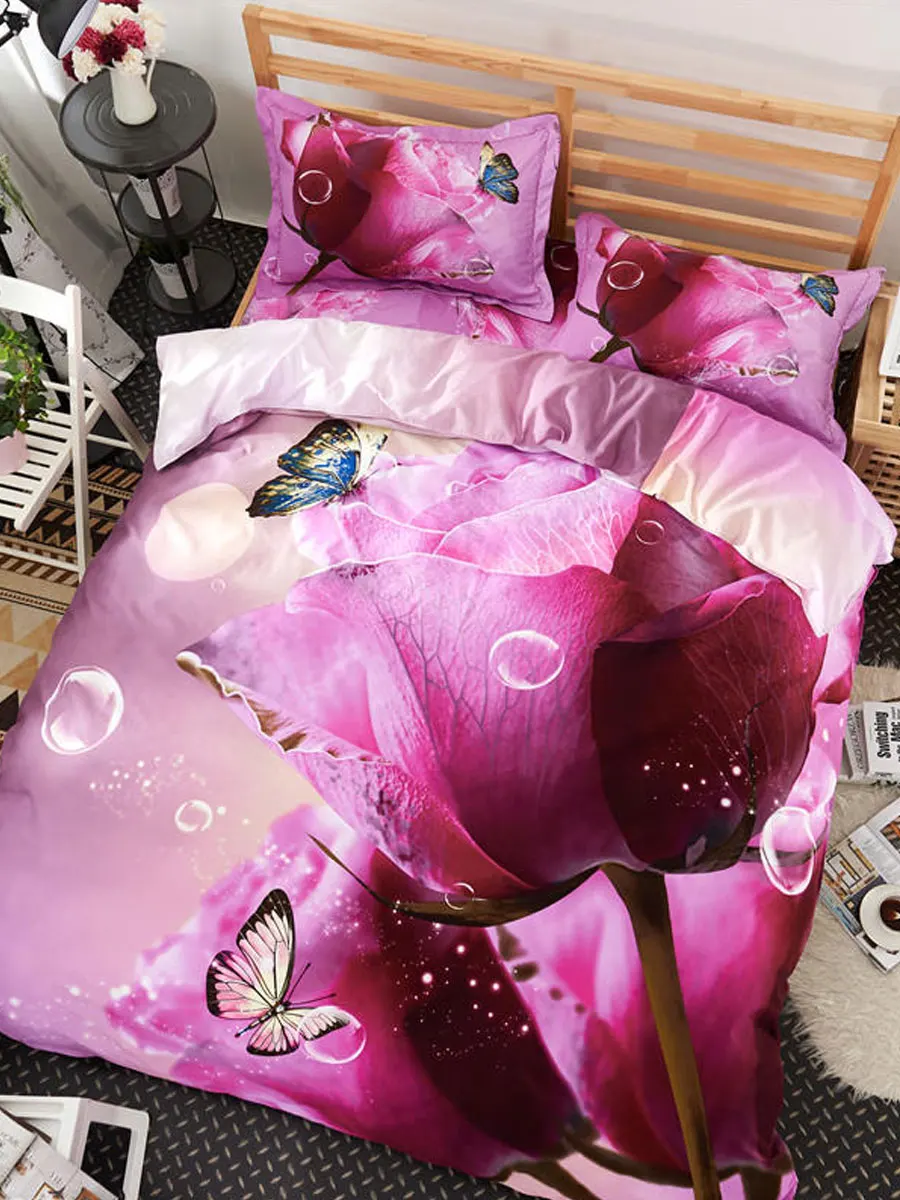 

4Pcs Duvet Cover Set Voguish 3D Sweet Rose Flowers Pattern Soft Bedding Set