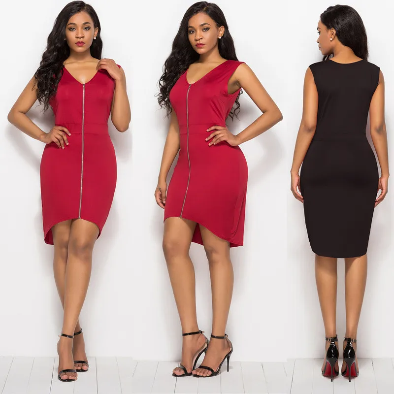 

2019 New Summer Women Sexy V Neck Zippers Bodycon Dress Big Size Plus Size Black Sheath Splice Irregular Mini Dresses Vestidos