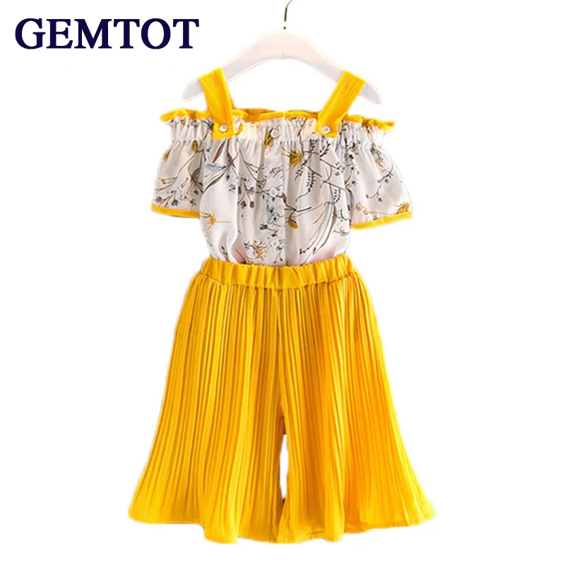 

GEMTOT 2017 Summer New Girls Chiffon Suit Harness Shirt + Pants 2 Pieces of Floral Strapless Wide Leg Pants Suit Fashion JIOROMY
