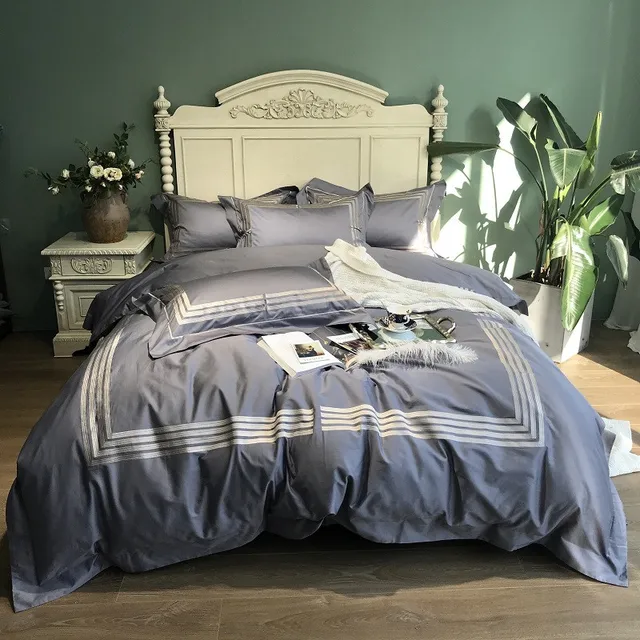 Cheap 800TC Egyptian Cotton QUEEN KING size Bedding Set Gray Luxury Hotel Bed set Fitted sheet Bed sheet set Duvet Cover parure de lit