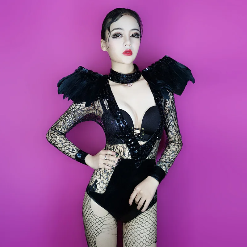 

20017 fashion nightclub black sexy lace women costume singer Net yarn perspective bodysuit Black Diamond feather performing wear