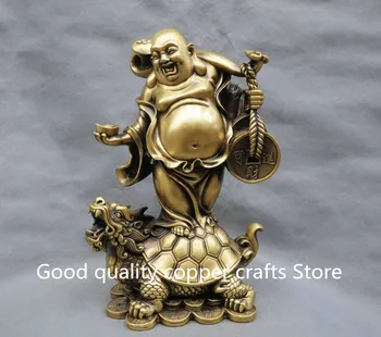 

China Folk Happy Maitreya Buddha stand Dragon Turtle brass Statue