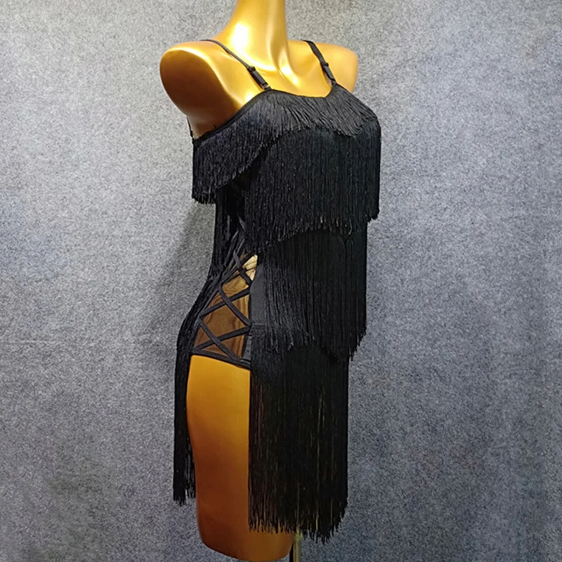 Женское платье для латинских танцев, женский костюм, черное платье с бахромой, платье для Фламенго, Vestido Flecos Rumba/ChaCha, платье для латинских танцев для взрослых, es VDB458
