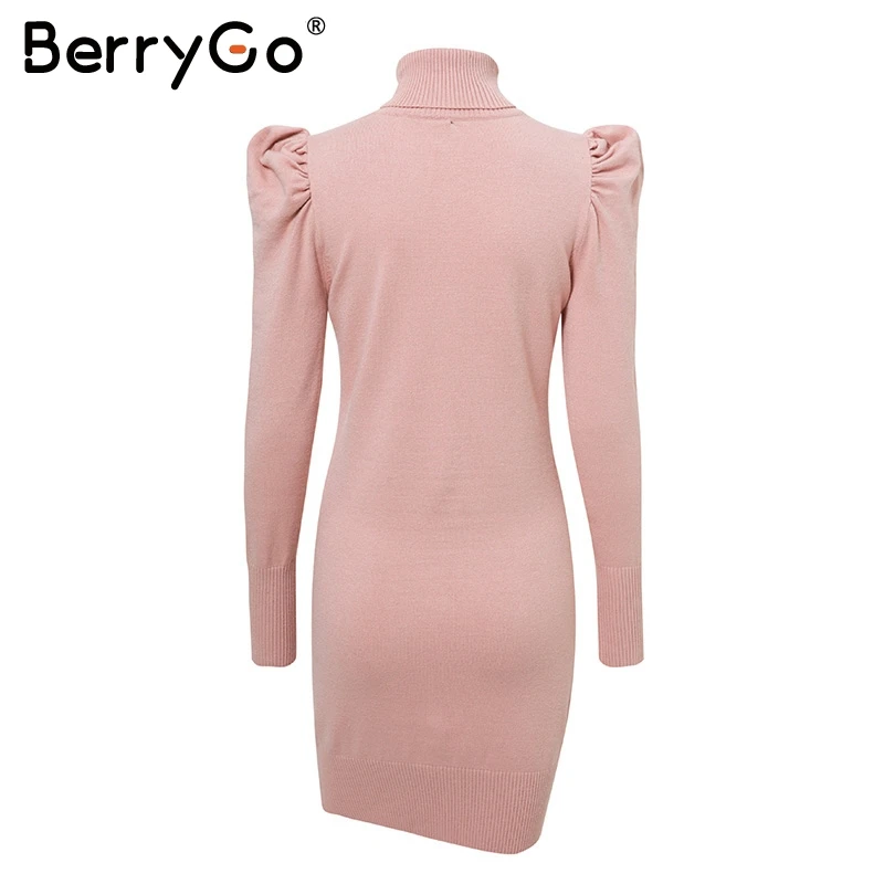 BerryGo сексуальное облегающее трикотажное платье с черепаховым вырезом женское с буфами на плечах розовый зимний свитер женские осенние короткие платья