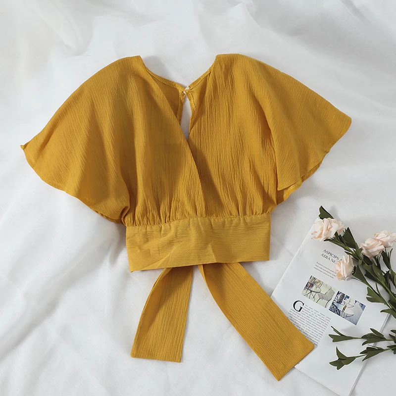 

Women Fashion Loose Bowknot Batwing Sleeves Solid V-neck Casual Pullover Shirt Ladies Urban Short Chiffon Backless Blouse