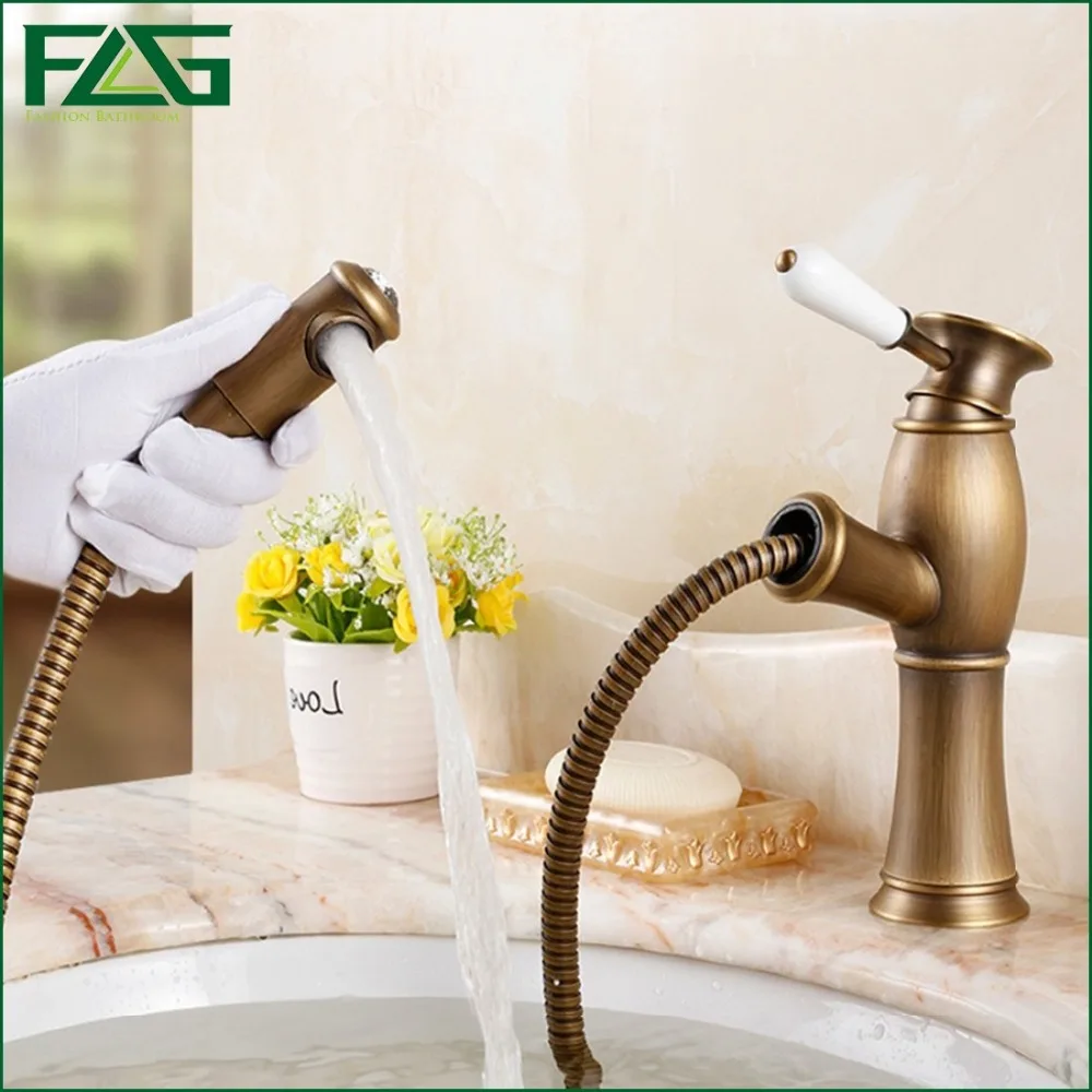 

FLG Top Basin Faucet Pull Out Antique Bronze Faucets Cold with Diamond And Porcelain Pull Down Vanity Sink Water Mixer Tap M185