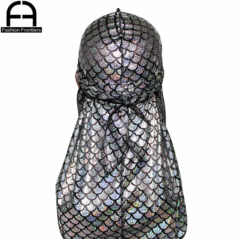 

Unisex Men Reflective Fish Scale Silky Durag Long Tail Straps Waves Bandana Hat Turban Do Du Rags Shiny Silky Durags
