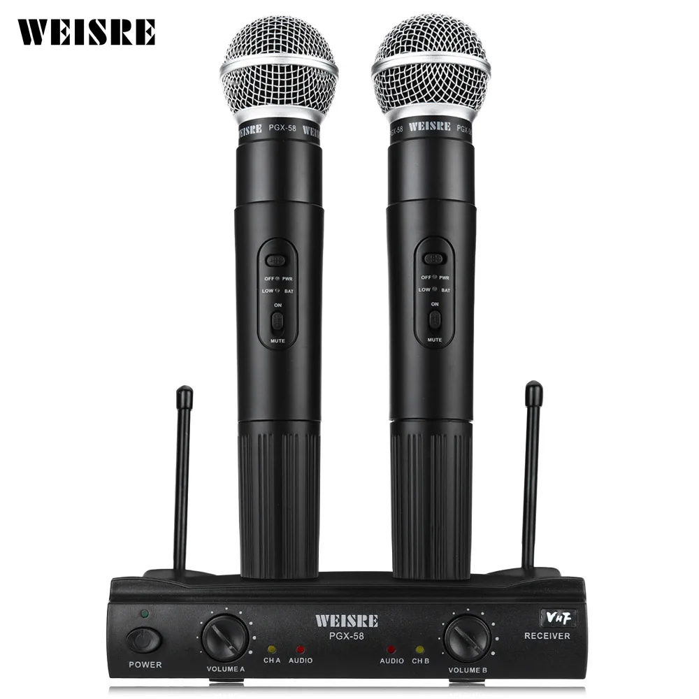 

WEISRE PGX58 Omni-directional VHF Dual Handheld 2 x Mic Cordless Receiver Wireless Microphone with Receiver for Karaoke KTV