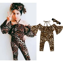 Новые модные комбинезоны для маленьких девочек леопардовый комбинезон с расклешенными рукавами повязка на голову Летний комбинезон праздничная одежда