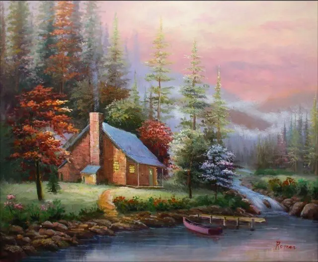 Arte de la pared pintada a mano invierno bosque LAGO casa decoración