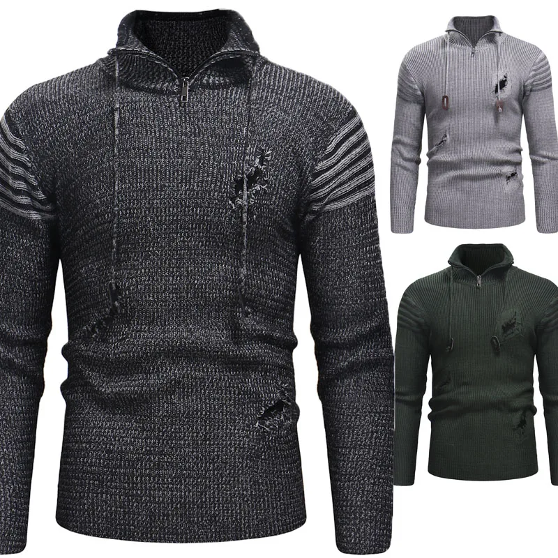 Новый Для мужчин; Высокое качество молнии отверстие вязаный свитер осень-зима 2019 с капюшоном свитер Для мужчин Slim Fit брендовые трикотажные