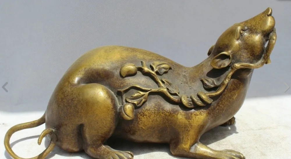 

12" China Chinese Bronze Folk Zodiac Year Mouse peach Statue Feng Shui