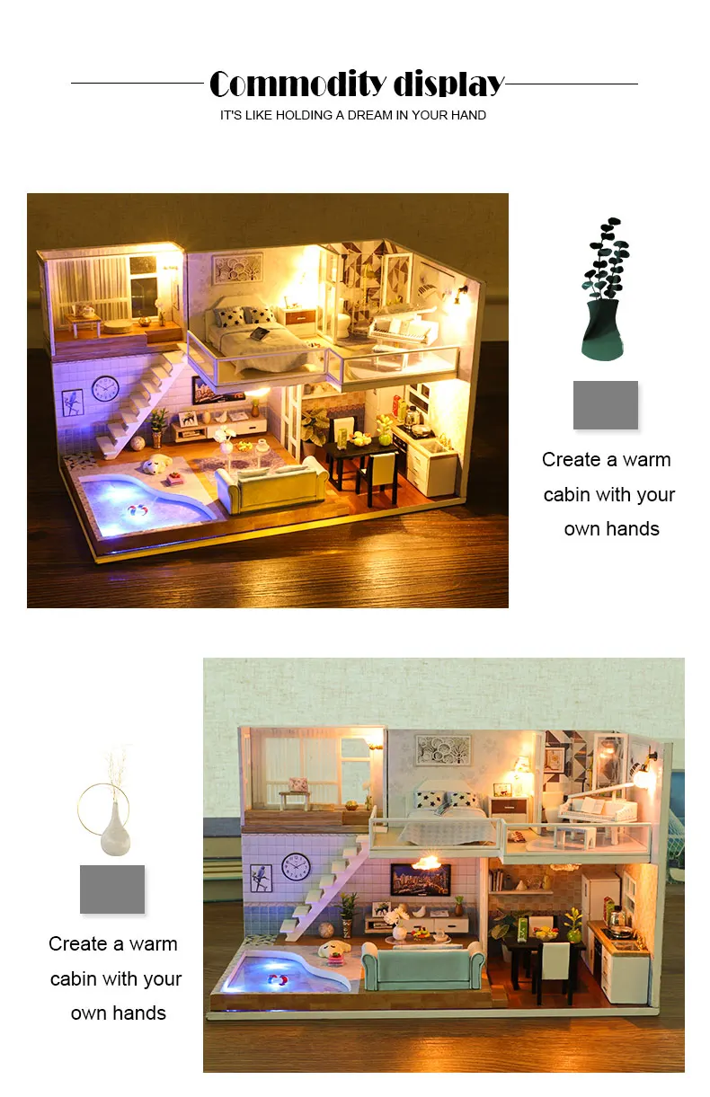 Casa em Miniatura com Móveis Blocos de Construção Brinquedos para Crianças Casa de Boneca Cutebee Faça Você Mesmo Música Poeira Capa Modelo J16 Led 4 Arquitetura/Casa DIY/Miniaturas