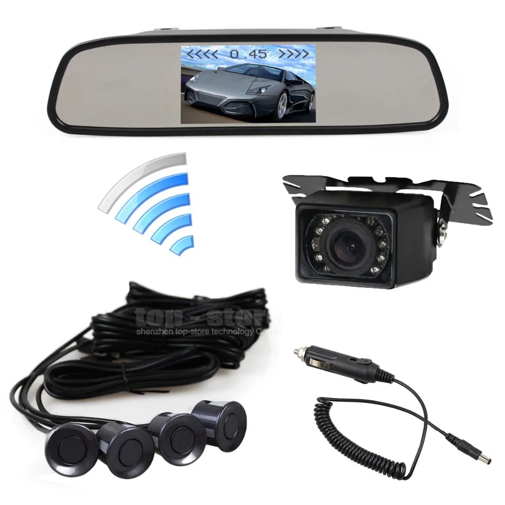 DIYKIT 4.3 Inch Car Mirror Monitor IR Car Rear View Camera Wireless Video Parking Radar 4 Sensors Parking System