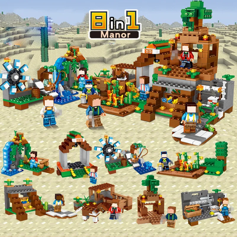 

771pcs 8 in1 Minecrafted Manor Estate Mini Village Building Blocks Dragon Figures Compatible Legoed Minecraft City Bricks Toys