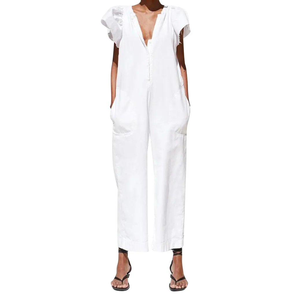 

Jaycosin clothes Women White bodysuit V-Neck Short Flare Sleeve Buttons Cotton And Linen Fashion Outdoor high street Jumpsuits