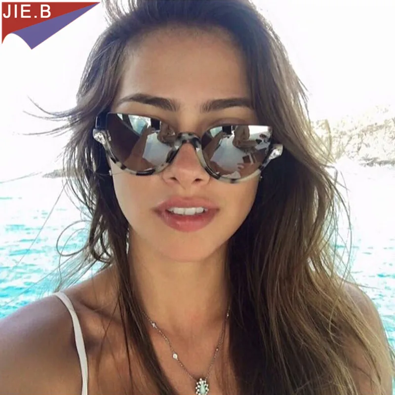 2017 Винтаж Cat Eye Женщины Солнцезащитные очки изгиб храм половину кадра bling алмазная